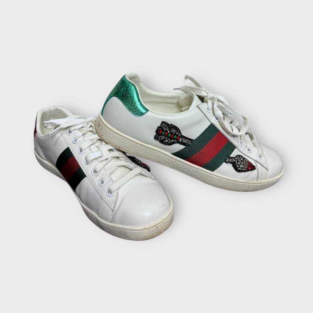 Gucci Leather Ace White Embroidered Sequin Arrow Trainer Sneakers - Picture 3 of 15